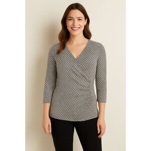 Talbots Brown&White Geometric Business Casual Office Chic Faux Wrap Top Sz Large